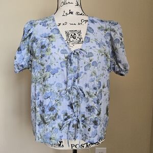 Rose + Olive Floral Top Womens M Tie Front Tainty Feminine Puff Sleeve